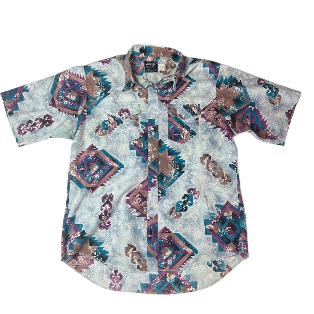 Vintage Wrangler Native American Art Short Sleeve Western Shirt XL X-Long Tails